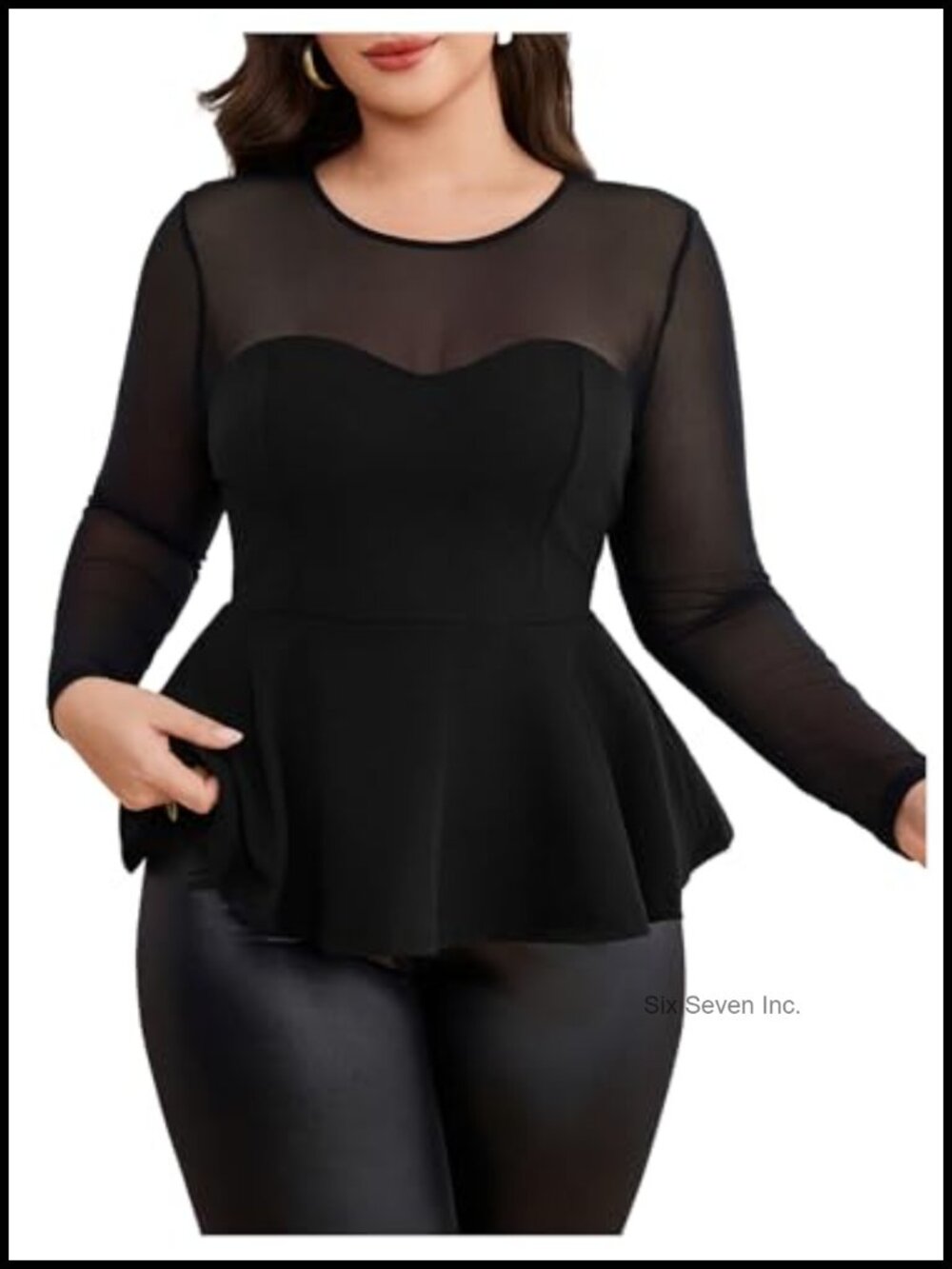 Plus Size Mesh Long Sleeve Peplum Cocktail Top